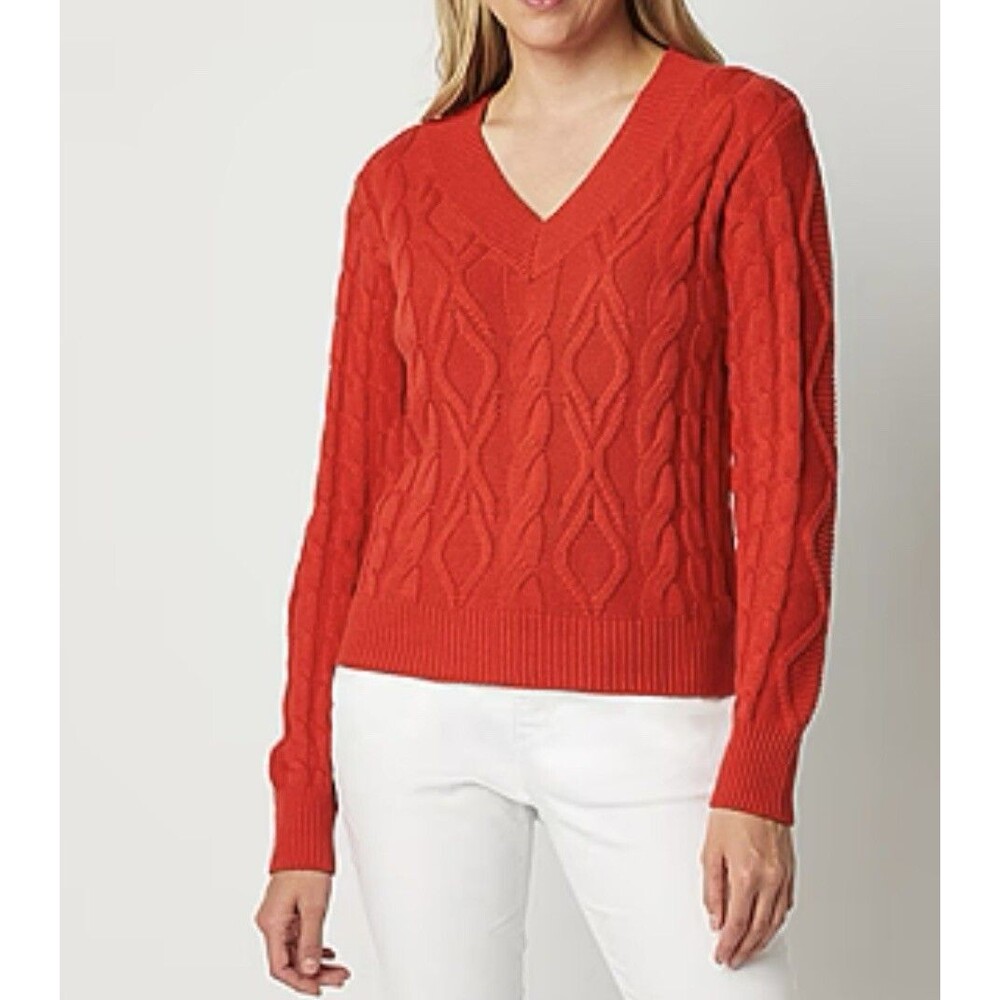 St. John's Bay Womens Cable Knit V-Neck Sweater Orange Red Size L NWT MSRP $44